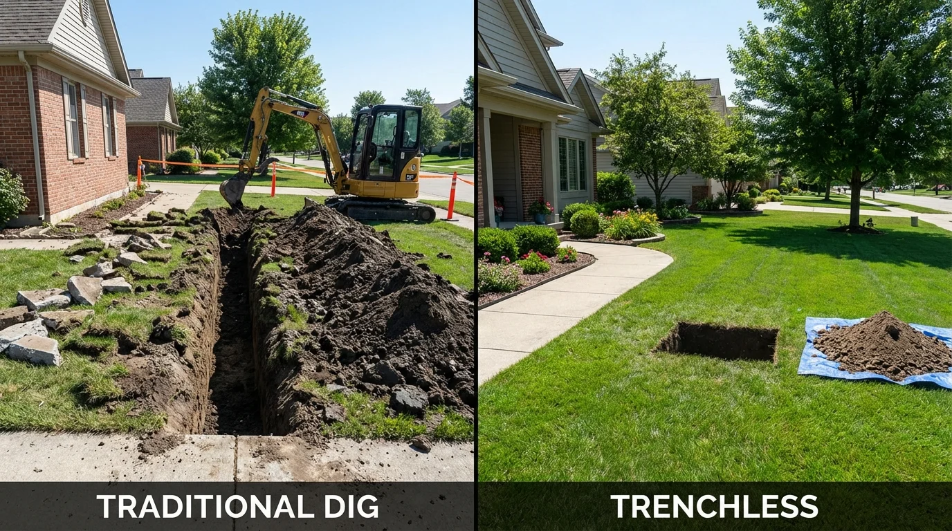 Trenchless sewer repair with minimal yard damage versus traditional excavation in Milton, VT